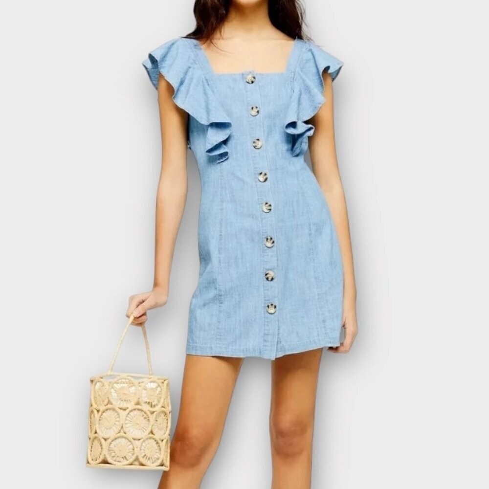 Topshop Ruffle Sleeve Chambray Button Front Dress